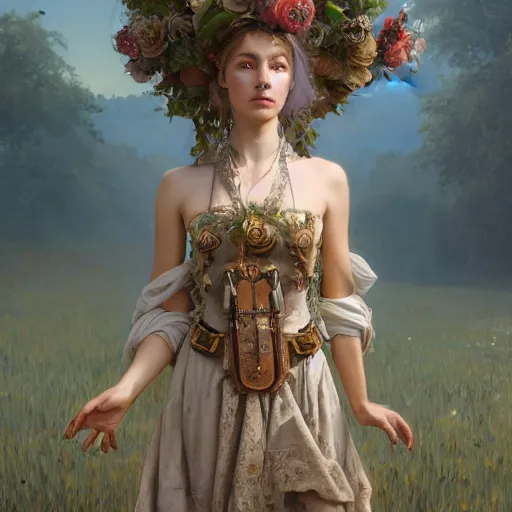 Image similar to baroque portrait of a steampunk bohemian nature nymph in a simple dress with floral decoration, cinematic lighting, photorealistic, octane render, 8 k, depth of field, 3 d, art by artgerm and greg rutkowski and alphonse mucha and uang guangjian