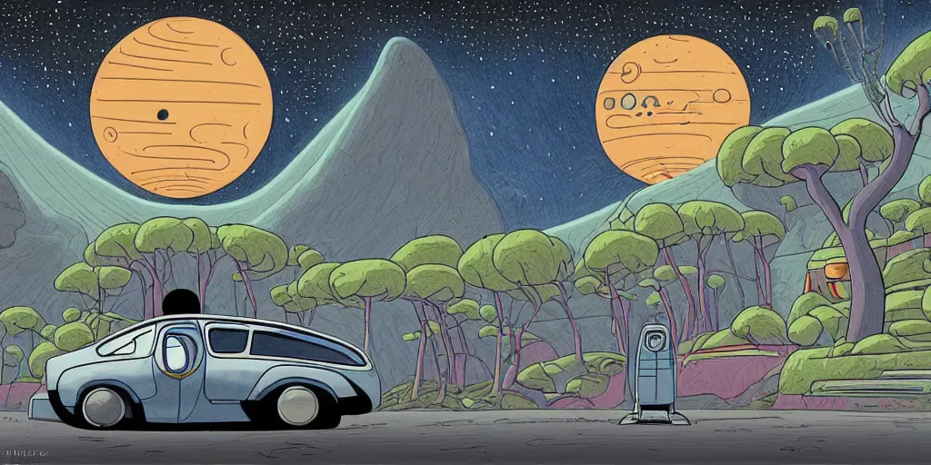 Prompt: traditional drawn colorful animation a car with solo man with sad face to valley symmetrical architecture on the ground, space station planet afar, planet surface, ground, tree, outer worlds extraterrestrial hyper contrast well drawn Metal Hurlant Pilote and Pif in Jean Henri Gaston Giraud animation film The Masters of Time FANTASTIC PLANET La planète sauvage animation by René Laloux