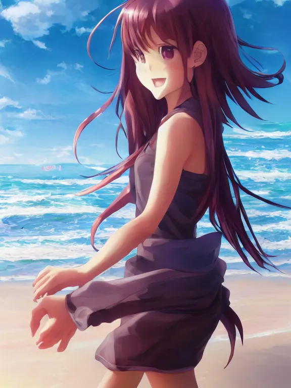 Image similar to An anime portrait of a smiling woman on the beach near the ocean, by Stanley Artgerm Lau, WLOP, Rossdraws, James Jean, Andrei Riabovitchev, Marc Simonetti, and Sakimi chan