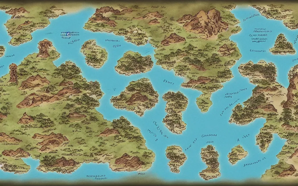 Image similar to a world map for a new fantasy land, topographical view with forests, lakes, oceans, seas, mountains, and other terrains