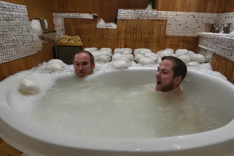 Prompt: a giant bathtub filled to the brim with pelmeni