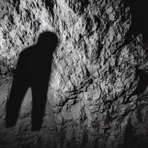 Image similar to A super creepy shadow figure in the darkness of a cave, 35mm, flash photography