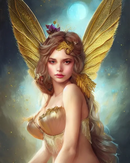 Prompt: beautiful fairy princess portrait, gold bra, gold wings, highly detailed, d & d, fantasy, highly detailed, digital painting, trending on artstation, concept art, sharp focus, illustration, art by artgerm and greg rutkowski and fuji choko and viktoria gavrilenko and hoang lap