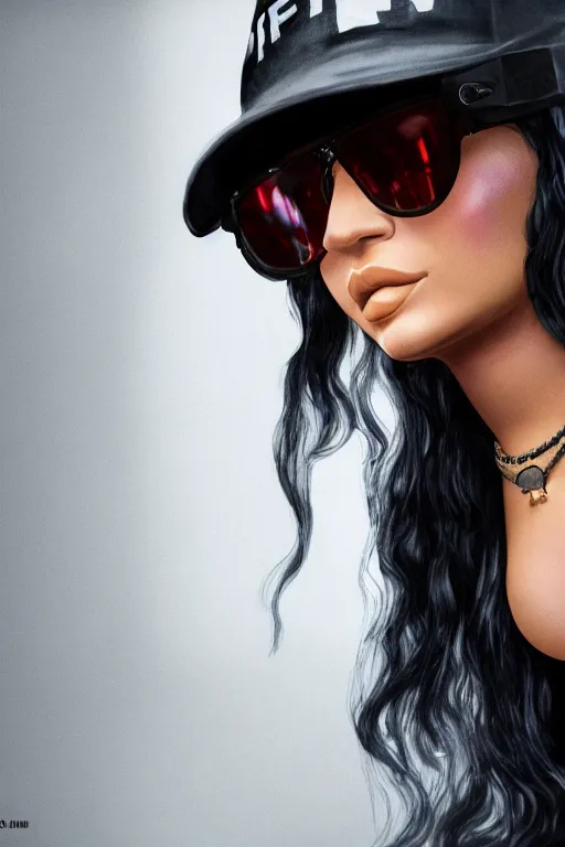 Image similar to kylie Jenner dressed as eazy e, open shirt highly detailed, wide shot, intricate, fearful, mystical, sharp focus, Trending on Artstation HQ, deviantart, unreal engine 5, 4K UHD image