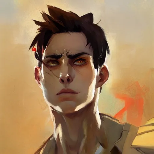 Image similar to greg manchess portrait painting of eren jeager as overwatch character, medium shot, symmetrical, alan yeager ， profile picture, organic painting, sunny day, matte painting, bold shapes, hard edges, street art, trending on artstation, by huang guangjian and gil elvgren and sachin teng