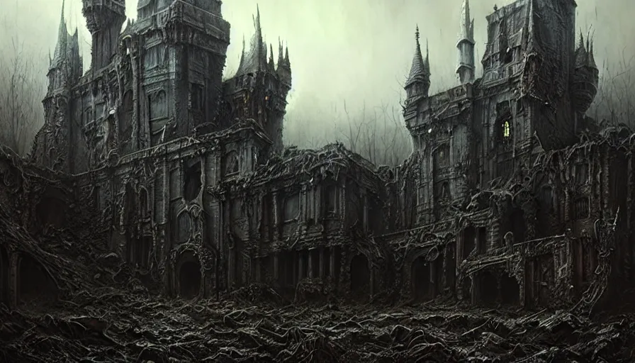 Prompt: a dark wizar, destroyed castle, rotting, blood, night, death, fear, horror, religion, hyperrealism, detailed and intricate environment, by giger, by greg rutkowski