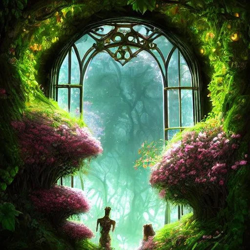 Image similar to an abandoned room overgrown with verdant ivy, an antique window surrounded by lush flowers cherry _ blossomherb, 8 k resolution detailed fantasy art, asymmetrical composition, anato finnstark marc simonetti lisa frank zbrush central gloomy midnight