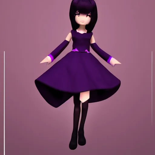 Image similar to cute fumo plush of a girl in a purple and black dazzle pattern dress, anime, character silhouette, edge glow, cel shaded pbr, vray