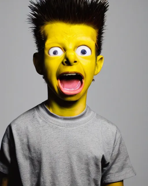 Image similar to live action bart simpson with open sores, centered, studio lighting, 1 5 0 mm