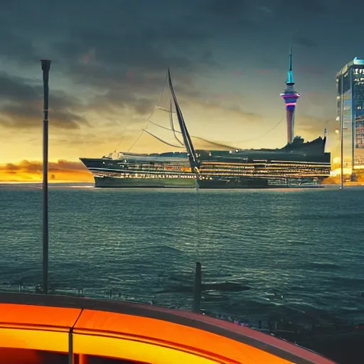 Image similar to fantasy ship sailing through auckland Harbor, futuristic neon