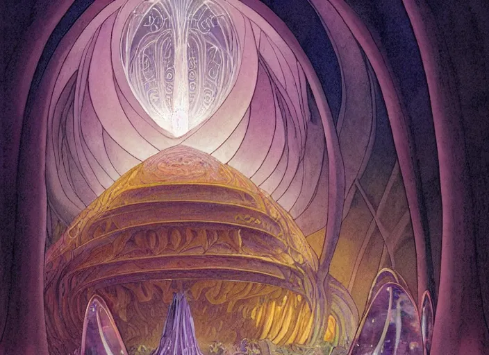 Prompt: a delicate mtg illustration by charles vess of a huge vulva!!! - shaped sacred temple of smooth organic feminine architecture, floating in the astral plane and constructed of house - sized crystals, with the raised bulb of the vestibule revealing a glittering iridescent pearl emitting beams of laser