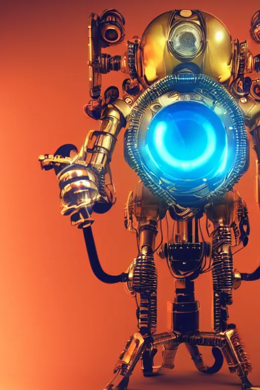 Image similar to portrait photo of a giant huge golden and blue metal humanoid female steampunk robot singer with headphones and microphone and gears and tubes, in the foreground is a big red glowing microphone on a tripod, eyes are glowing red lightbulbs, shiny crisp finish, 3 d render, 8 k, insaneley detailed, fluorescent colors, background is multicolored lasershow