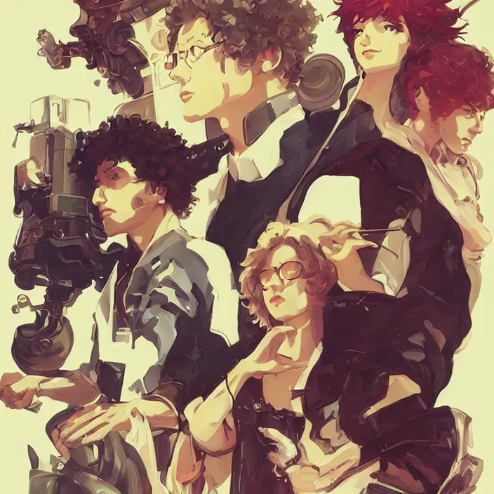 Image similar to anime portrait cowboy bebop, futuristic science fiction, mucha, hard shadows and strong rim light, art by jc leyendecker and atey ghailan and sachin teng