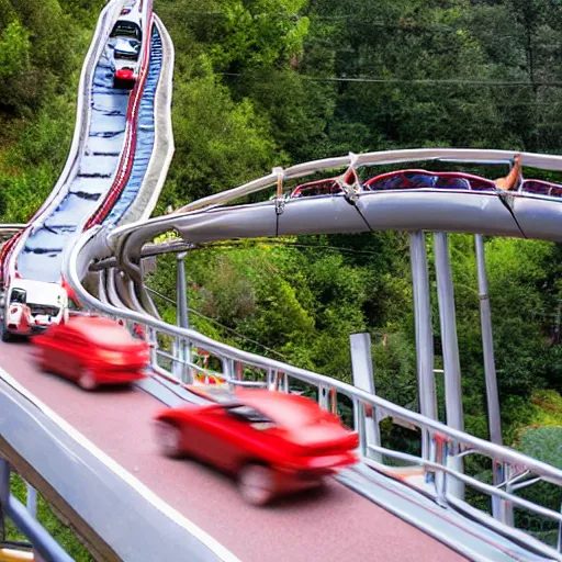 Prompt: watching traffic on a rollercoaster road