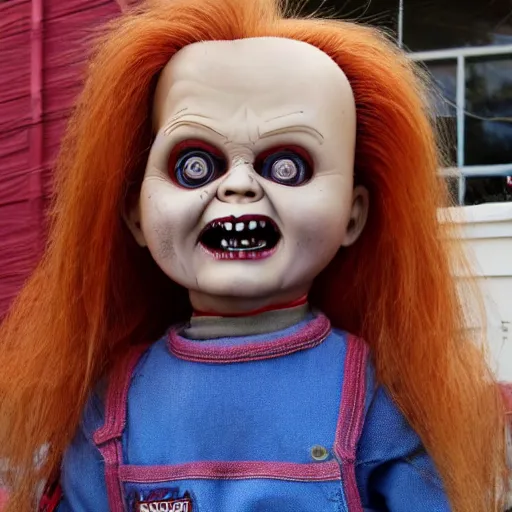 Prompt: Chucky the killer doll on sale at a garage sale