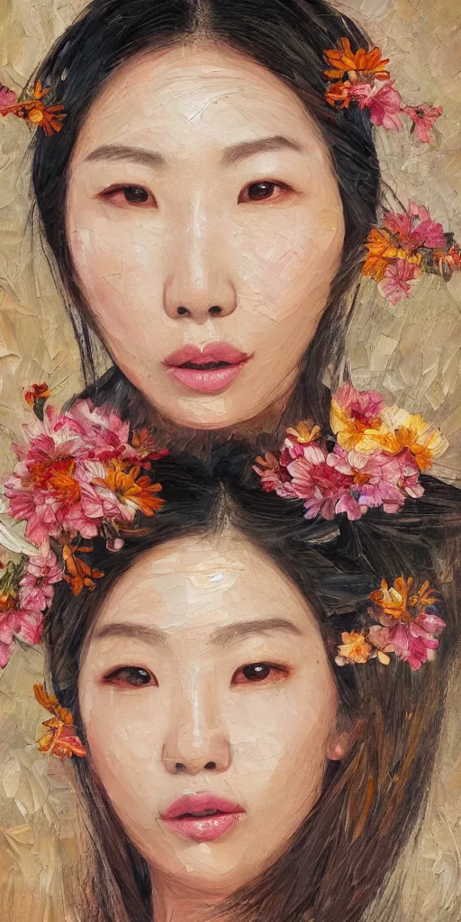 Prompt: very beautiful highly detailed and expressive oil painting of an asian woman's face dissolving into petals and flowers, masterpiece, dynamic lighting, intricate linework, 8 k, flowers