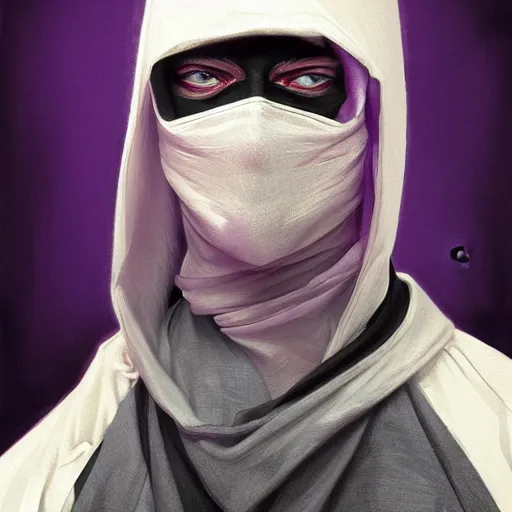 Image similar to ultra realistic illustration, man in a black hood, in a striped purple balaclava, mysterious, highly detailed, digital painting, artstation, concept art, smooth, sharp focus, illustration, art by artgerm and greg rutkowski and alphonse mucha