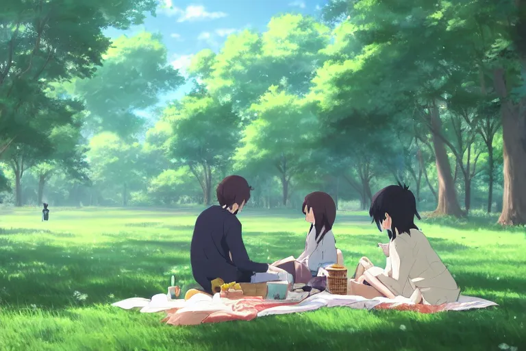 Image similar to a picnic in the park by makoto shinkai