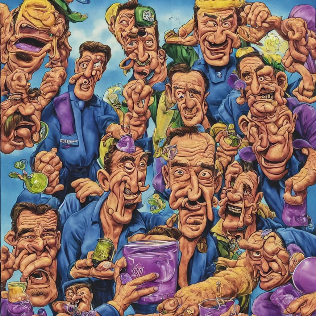 Image similar to promotional art for the movie'unless you hate bullruns ', barry chuckle preparing a batch of purple oil drink, hyperreal detailed facial features and uv lighting, art by ed roth and basil wolverton