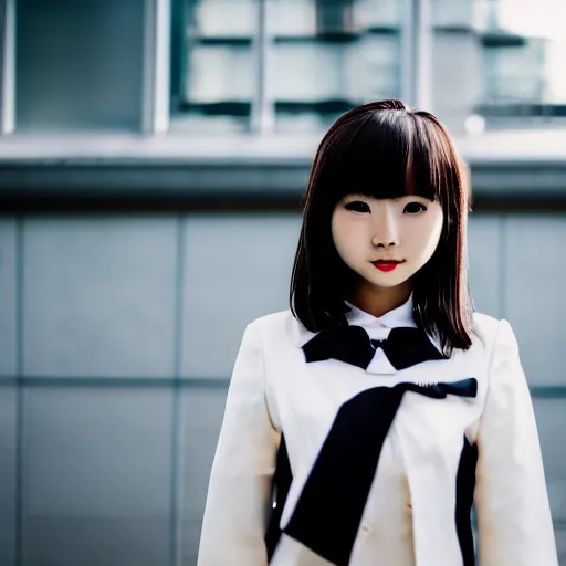 Image similar to photo of a cute Japanese girl wearing tuxedo, kawaii, high depth of field, 4k, 70 mm, sigma lens, reflection, high contrast, saturated