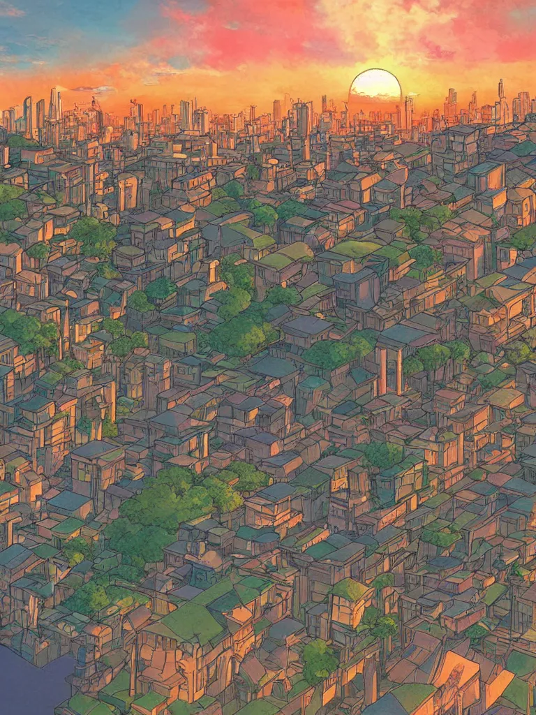 Image similar to a digital art of sunset, a metropolis beside the river, by studio ghibli and hayao miyazaki, highly - detailed, anime, deviantart