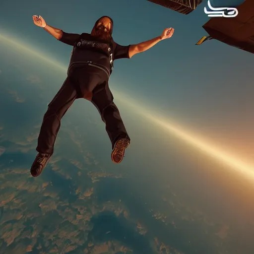 Prompt: portrait of jesus skydiving, gta artstyle, wide shot, dramatic lighting, octane render, hyperrealistic, high quality, highly detailed, HD, beautiful, cinematic, 8k, unreal engine, facial accuracy, anatomical accuracy, symmetrical