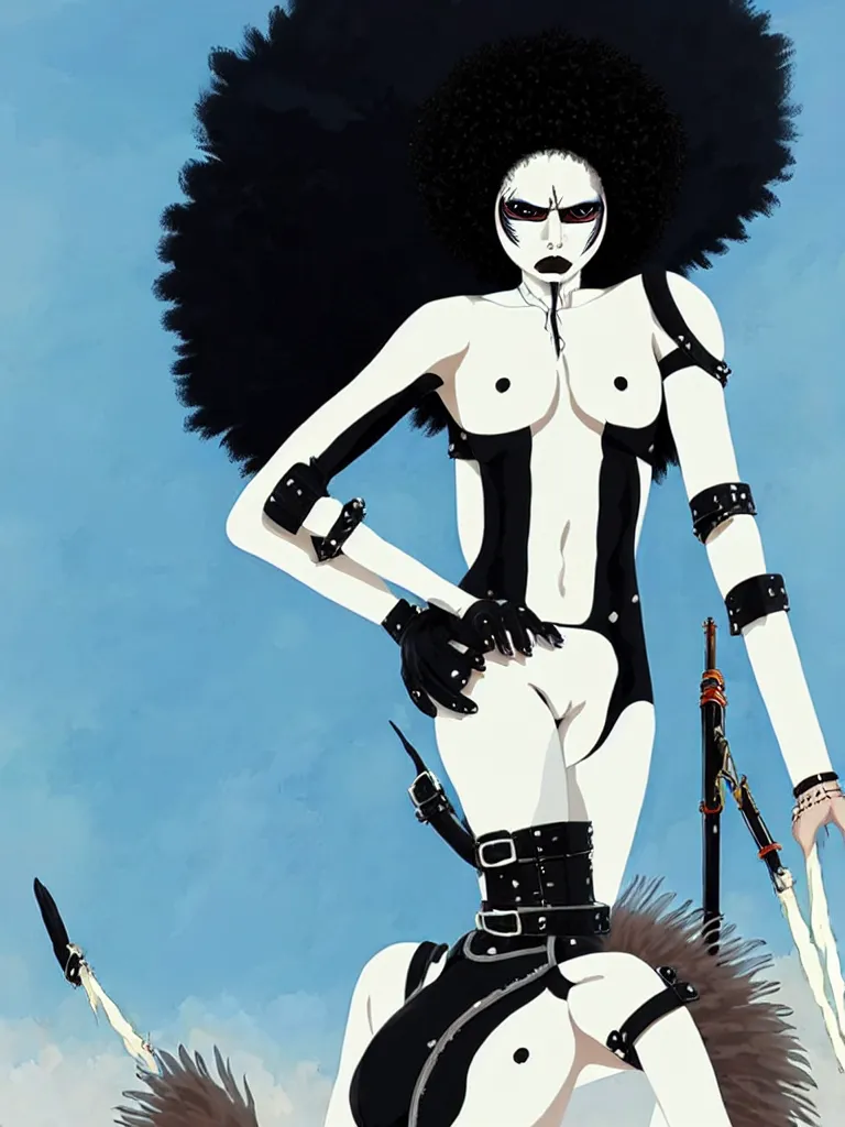 Image similar to one fierce looking beautiful young woman with afro hair and symmetrical white makeup, mad max, black leather straps, wearing intricate bodysuit and headdress made from white bones and black feathers, painted by makoto shinkai, studio ghibli,