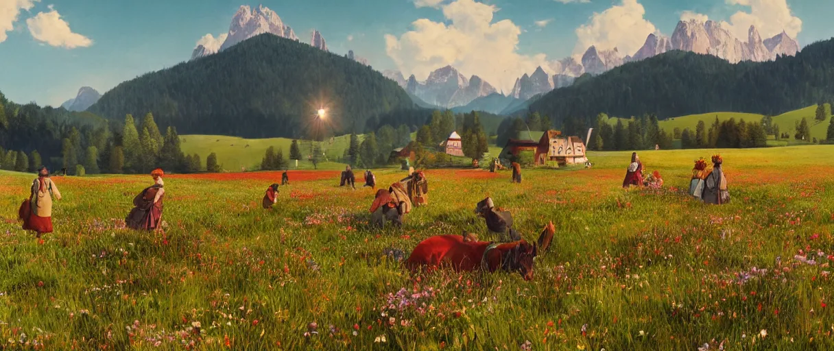 Prompt: a ultra photorealistic and sharp film still of an a sunny and colourful open field in 1 9 0 0 in the middle of the bavarian alps, germany. wide shot, wes anderson, studio ghibli, pixar and disney animation, octane render, anime key art by greg rutkowski, dramatic lighting, award winning photography