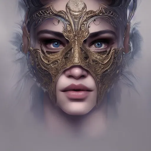 Prompt: Very very very very highly detailed epic photo of face with venetian mask, intricate, dystopian, sci-fi, extremely detailed, digital painting, artstation, concept art, smooth, sharp focus, illustration, intimidating lighting, incredible art by Artgerm and Brom