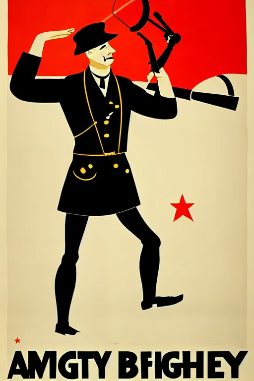 Prompt: fictional propaganda poster showing a man pointing to the left with artillery behind him, highly stylized, high contrast, limited palette, 1 9 2 0 s