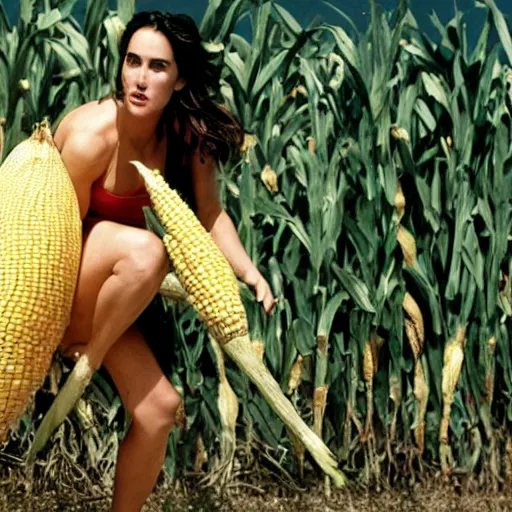 Image similar to jennifer connelly emerging from a giant piece of corn