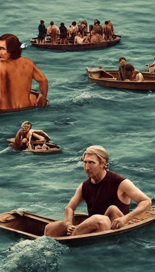 Image similar to man on boat crossing a body of water in hell with creatures in the water, sea of souls, by wes anderson,