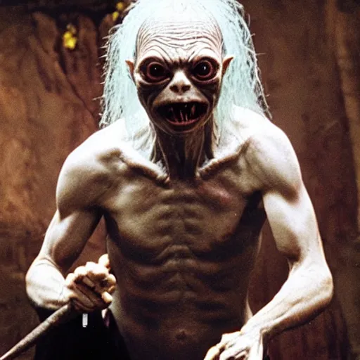 Image similar to Gollum in killer mask, with knife