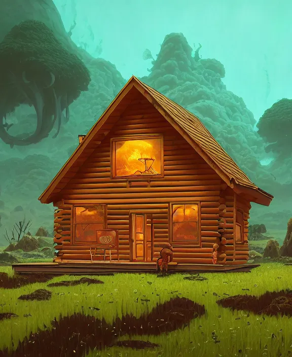 Image similar to simplicity, an elegant cabin made out of exotic fungus, overgrown with creepy blobs, organic, partly cloudy, hellscape, hell, fire, brimstone, lava, by dan mumford, yusuke murata, makoto shinkai, ross tran, cinematic, unreal engine, cel shaded, featured on artstation, pixiv