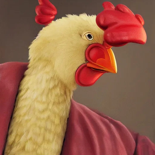 Prompt: scary portrait of an asian man dressed as a chicken, the chicken man, highly detailed painting by disney pixar 8 k