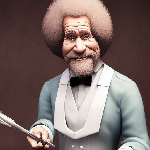 Image similar to Bob Ross is dressed in a maids outfit, hyperdetailed, artstation, cgsociety, 8k