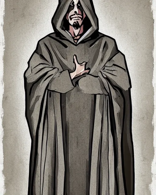 Image similar to character concept portrait of a man in dark robes, hooded, drawn by greg rukowtski