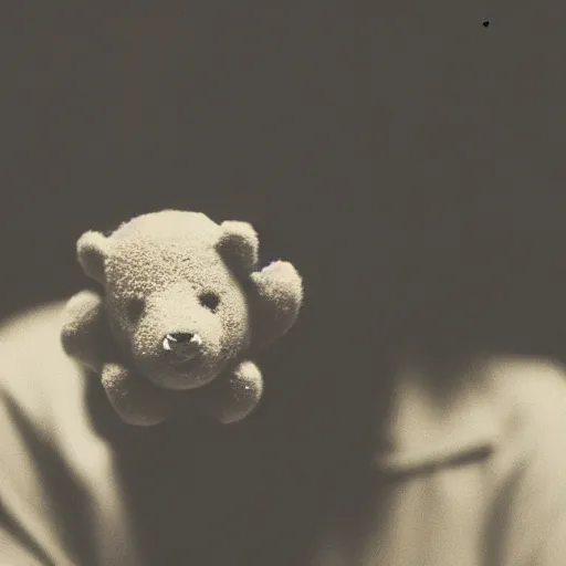 Image similar to Portrait studio photograph of Kanye West holding a anthropomorphic teddy bear, close up, shallow depth of field, in the style of Felice Beato, Noir film still, 40mm