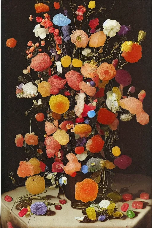 Image similar to still life of a bouquet of gummy bear in the shape of different flowers, but the flowers are actually gummy bears and jelly beans, delicious rubbery translucent squishy sweets, soft light, highly detailed, close up, Northern Renaissance