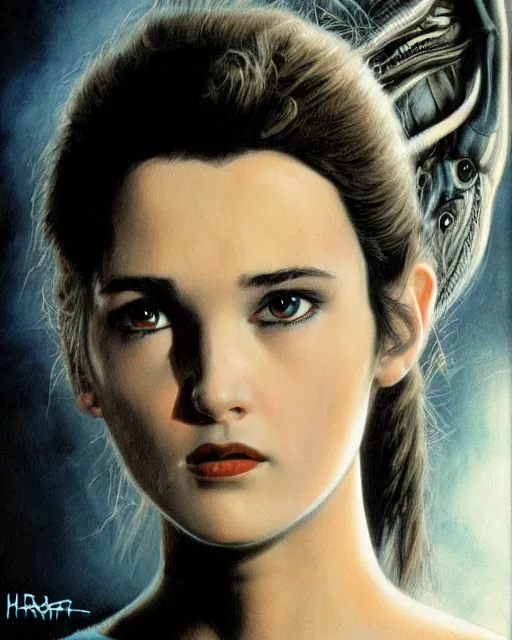 Image similar to beautiful young winona ryder from alien with xenomorph by h. r. giger, detailed proportional trending on art station, 4 k, 9 0's movie poster