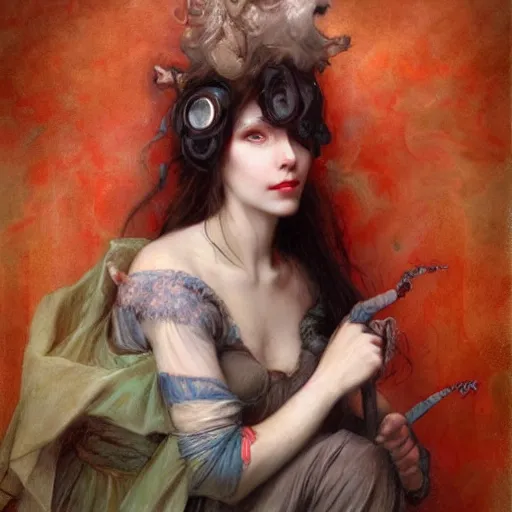 Prompt: Brian Froud and Jean-Baptiste Monge and Solomon Joseph Solomon and Richard Schmid and Jeremy Lipking victorian genre painting portrait painting of a young beautiful woman marverl DC comic book character fantasy costume, red background