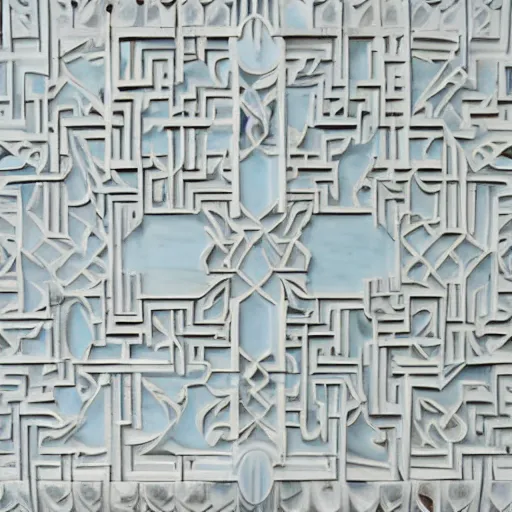 Image similar to maze, thin lines, carved soapstone relief paneling white and pale blue