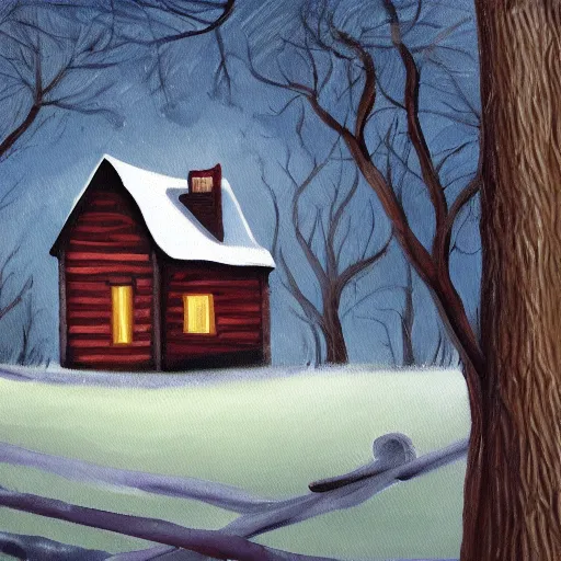 Image similar to a painting of a eerie cabin in the middle of the woods in the style of alison geissler