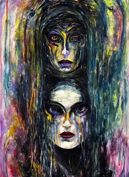 Image similar to enlightened magic cult psychic woman, painted face, third eye, energetic consciousness psychedelic, epic surrealism expressionism symbolism, story telling, iconic, dark robed, oil painting, symmetrical face, dark myth mythos, joan mitchell monochromatic masterpiece