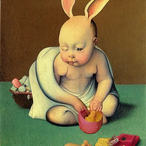 Prompt: little girl, bunny suit, artwork in hieronymus bosch art style, inspired in balthus, clean details, baby color palette, candy, anatomically proportional, hd