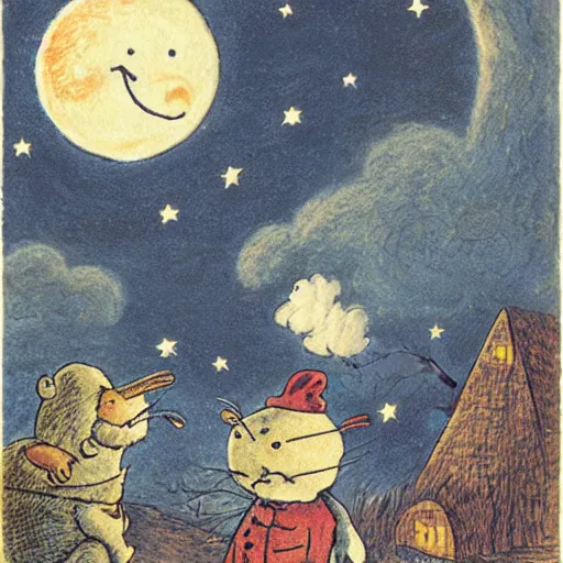 Image similar to night sky, stars, anthropomorphic talking moon with happy eyes prominently in the center, surrounded by clouds, landscape, illustrated by peggy fortnum and beatrix potter and sir john tenniel