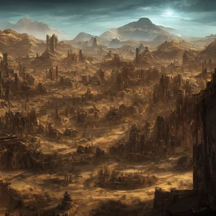 Prompt: large densely packed western style city in the middle of a sandy flat desert with a single mountain on the very distant horizon. magic the gathering art, digital media