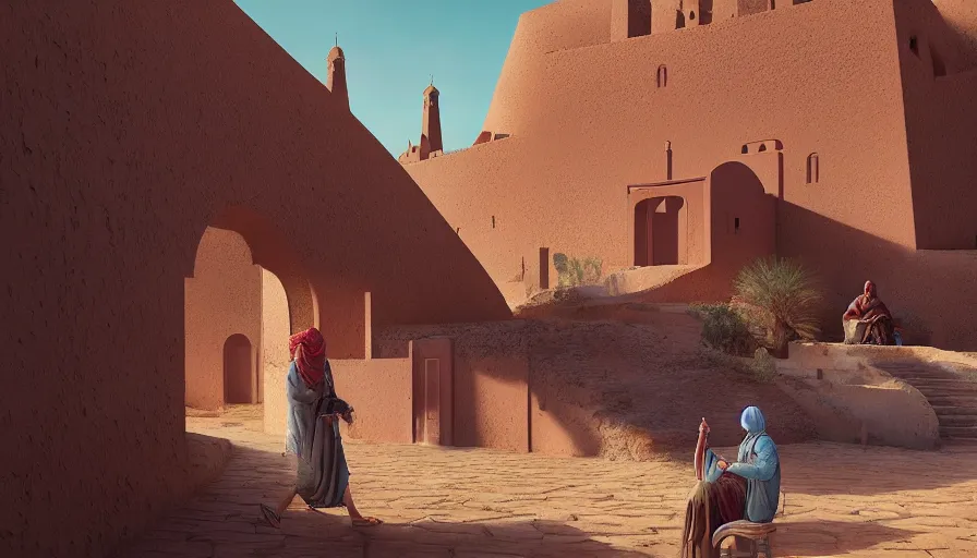 Image similar to very very small moroccan village, sitting on a gigantic desert by ilya kuvshinov, rtx rendering, octane render 1 2 8 k, maya, extreme high intricate details by tom bagshaw, medium shot, close up shot, composition by sana takeda, lighting by greg rutkowski