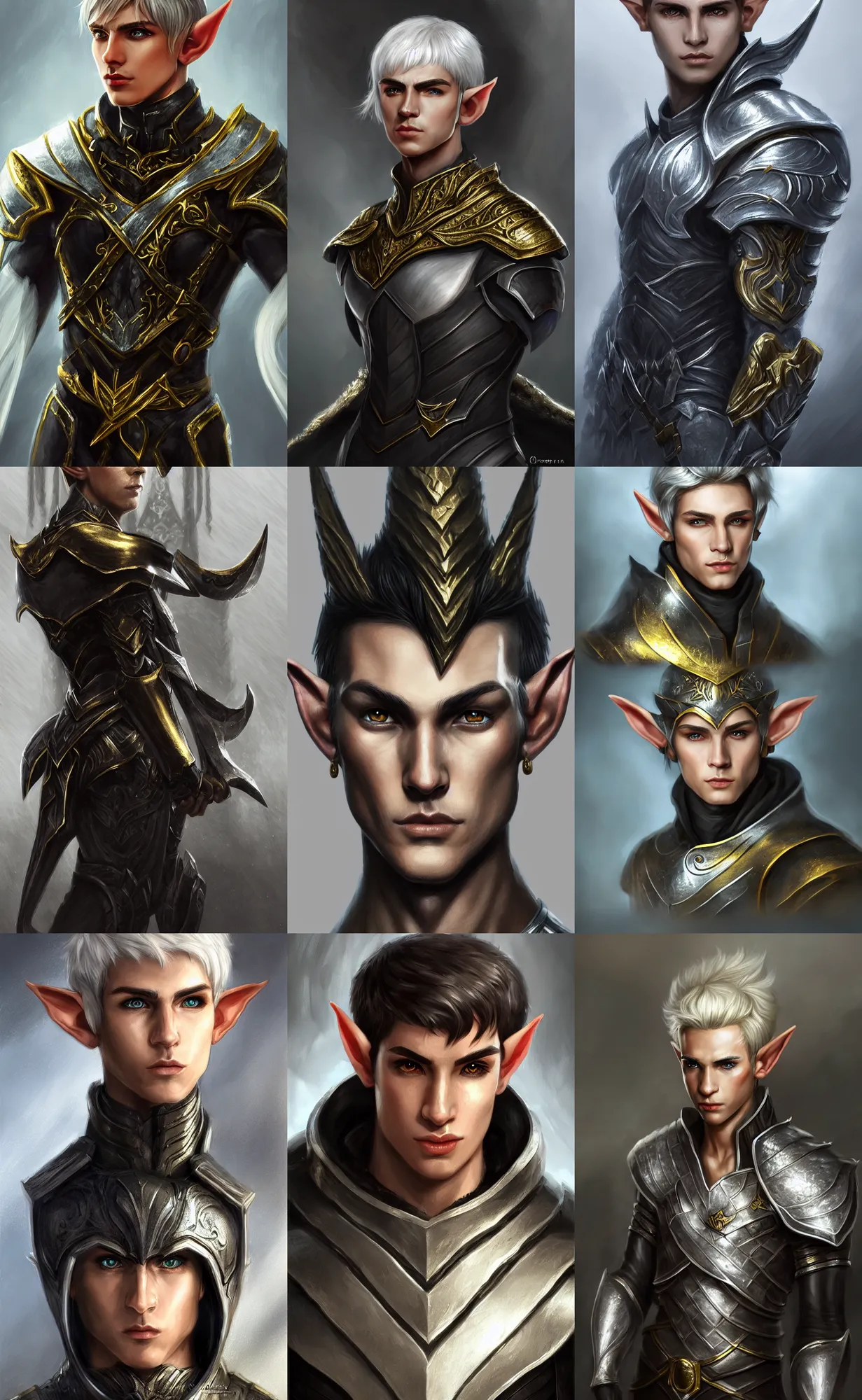 Prompt: A portrait of a male elf, he is about 20 years old, attractive, lean but muscular, serious composure, short silver hair, prideful look, he is wearing black heavy armor with gold plating, highly detailed portrait, digital painting, ArtStation, concept art, smooth, sharp focus illustration, ArtStation HQ