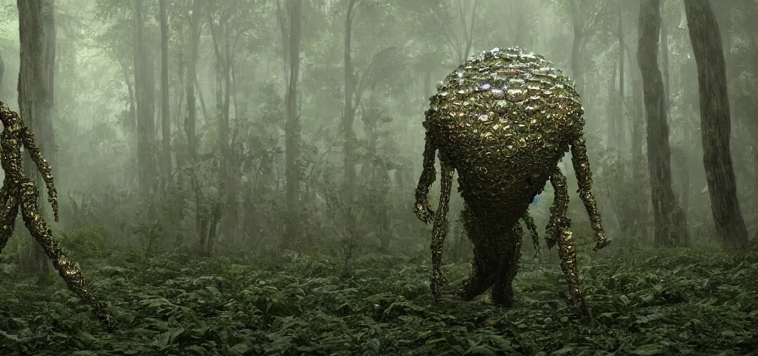 Image similar to a complex organic fractal 3 d metallic symbiotic ceramic humanoid megastructure creature in a swampy lush forest, foggy, cinematic shot, photo still from movie by denis villeneuve, wayne barlowe